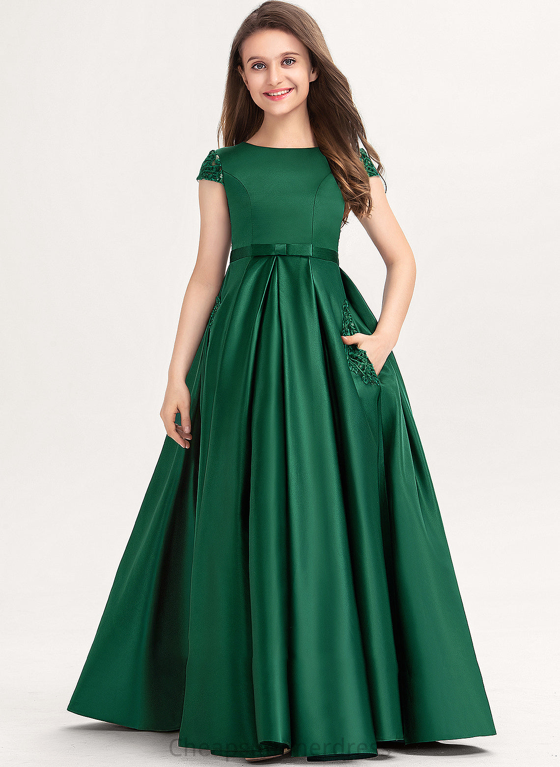 Scoop Junior Bridesmaid Dresses Floor-Length With Neck Lace Satin Ball-Gown/Princess Bow(s) Adyson Pockets
