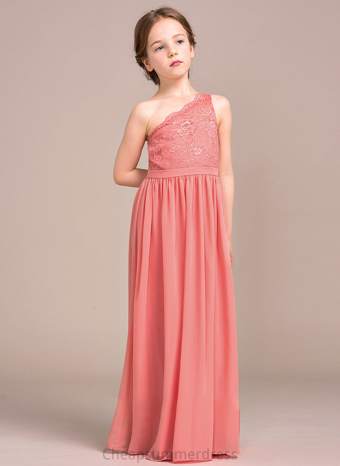 A-Line Lace One-Shoulder Junior Bridesmaid Dresses Chiffon Floor-Length Ina