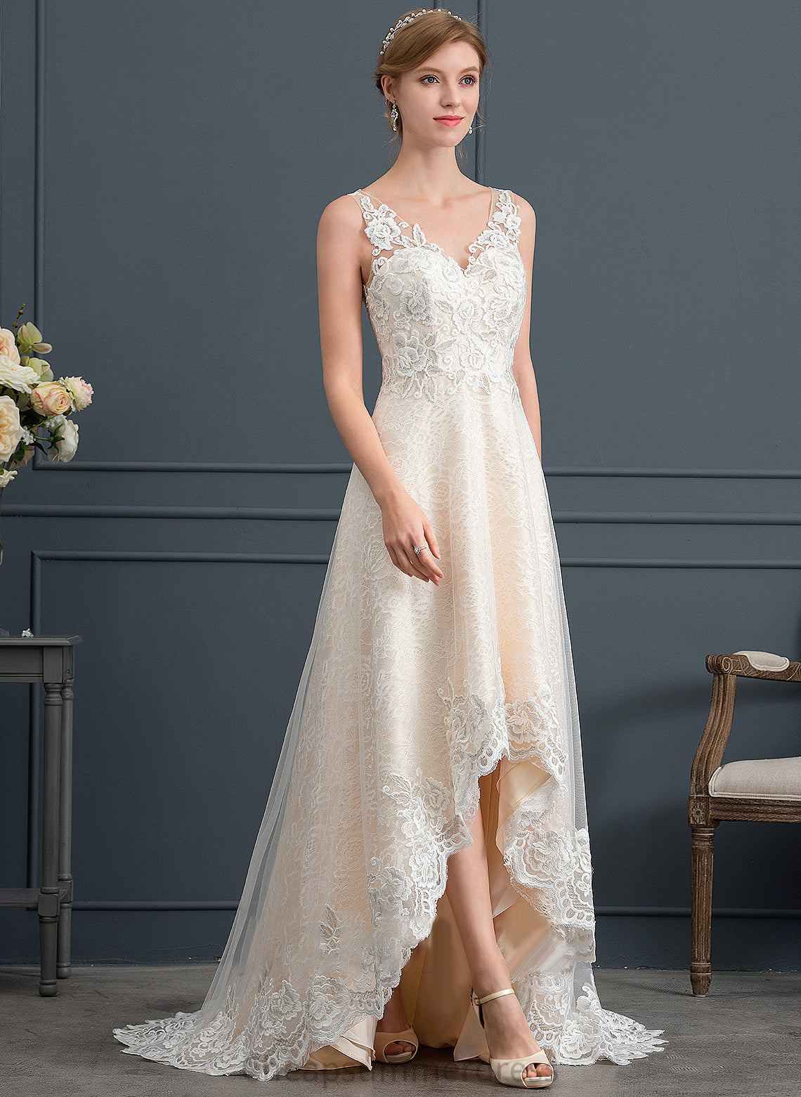 With Dress Wedding Tulle Wedding Dresses V-neck Asymmetrical A-Line Morgan Lace