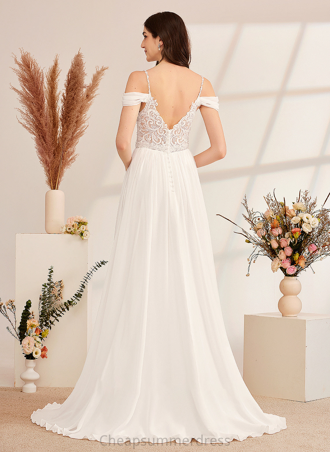 Ana V-neck A-Line Wedding Dresses With Sequins Train Dress Wedding Beading Sweep
