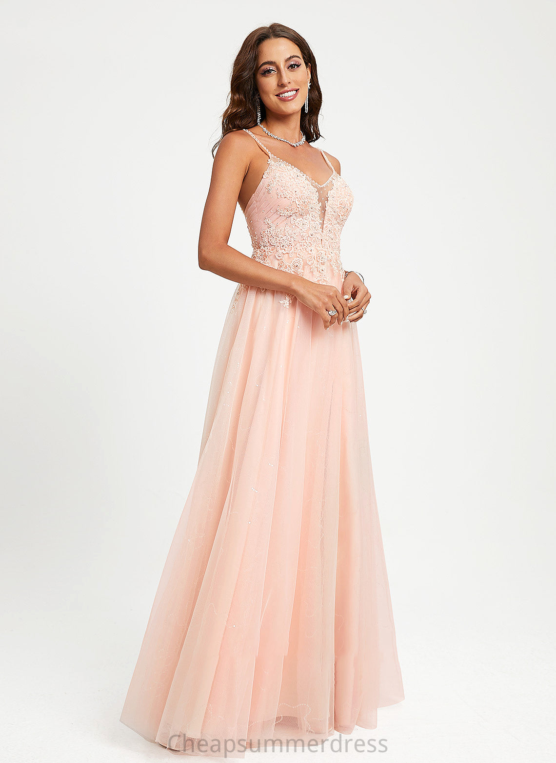 Floor-Length Ball-Gown/Princess Prom Dresses V-neck Lace Delilah Tulle Beading Sequins With