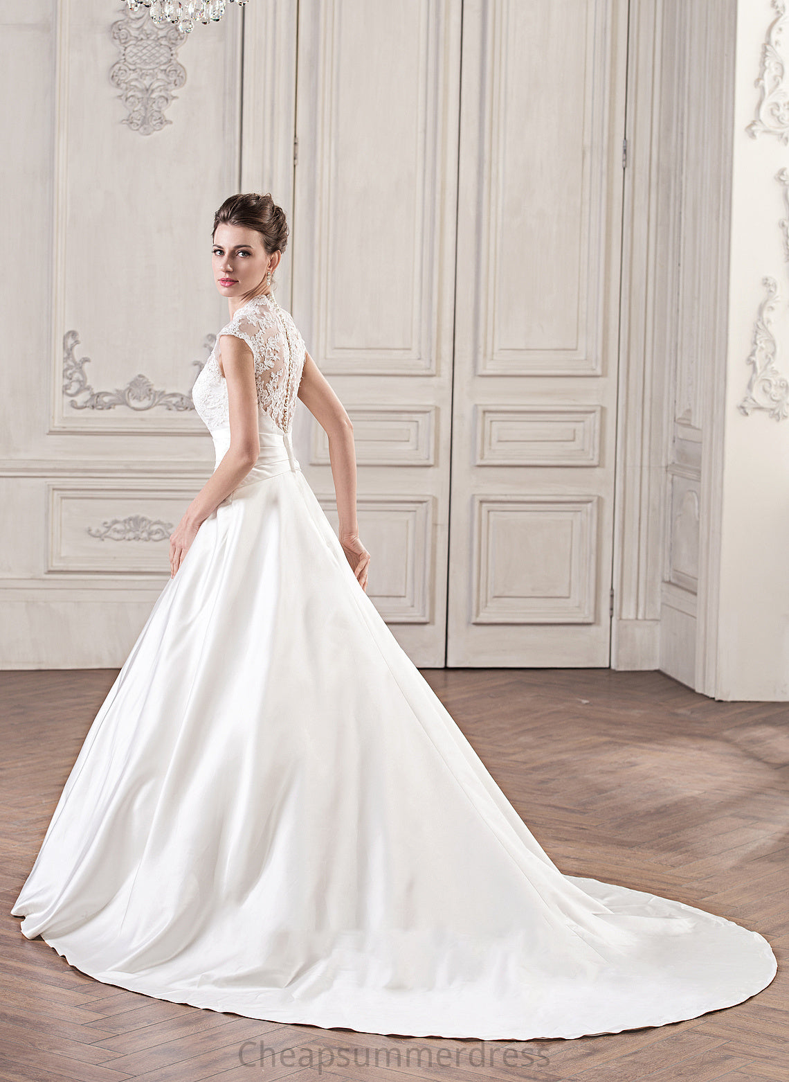 Ball-Gown/Princess Dress Train V-neck Satin Phoenix With Ruffle Court Wedding Wedding Dresses Lace