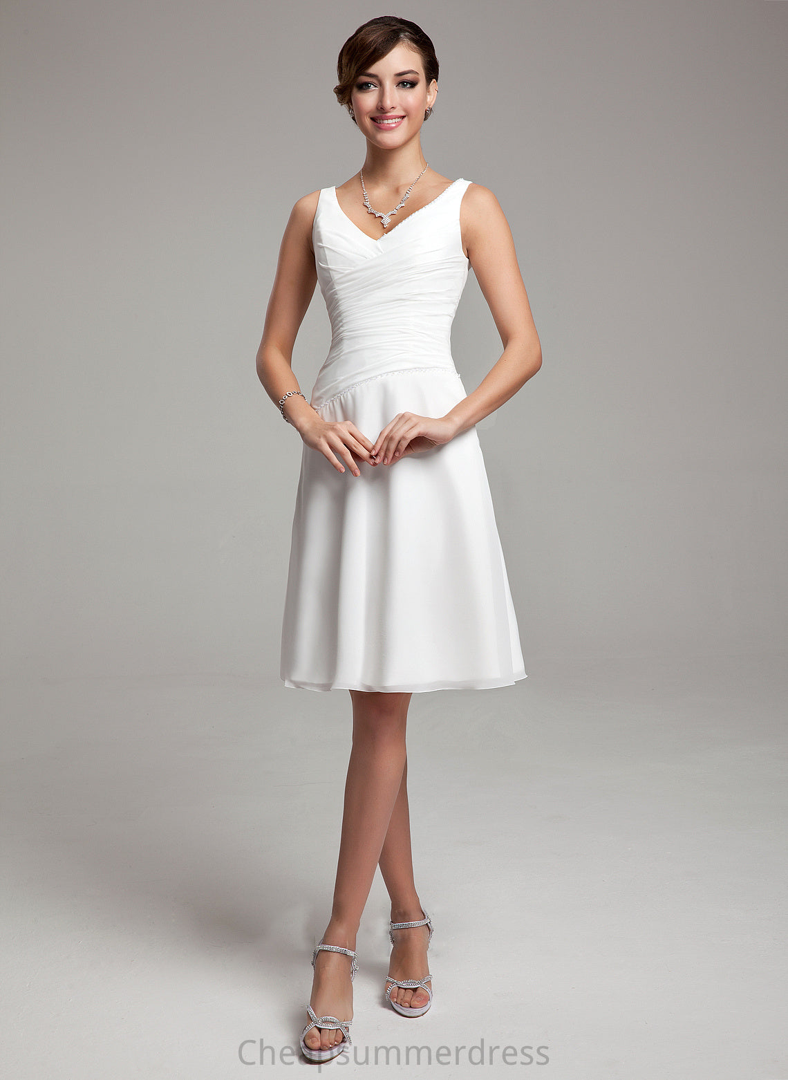V-neck A-Line Kelsie With Wedding Wedding Dresses Chiffon Ruffle Knee-Length Dress Beading Sequins