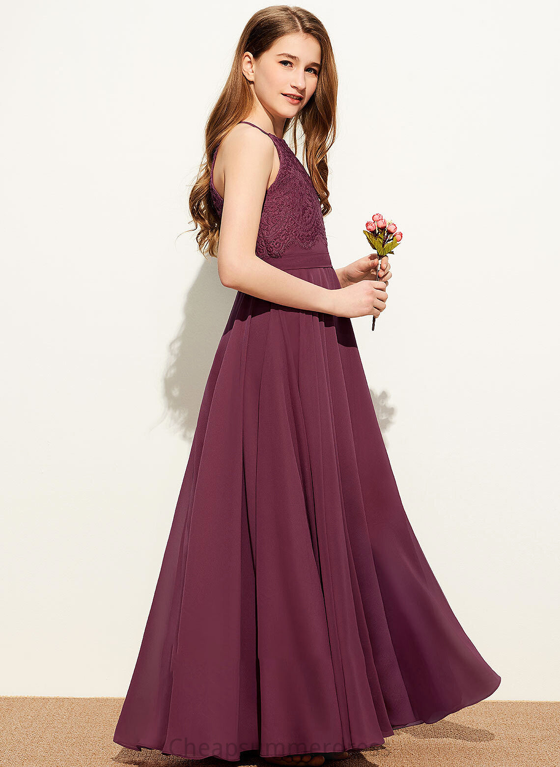 Anna Square Floor-Length Neckline Chiffon Lace Junior Bridesmaid Dresses A-Line