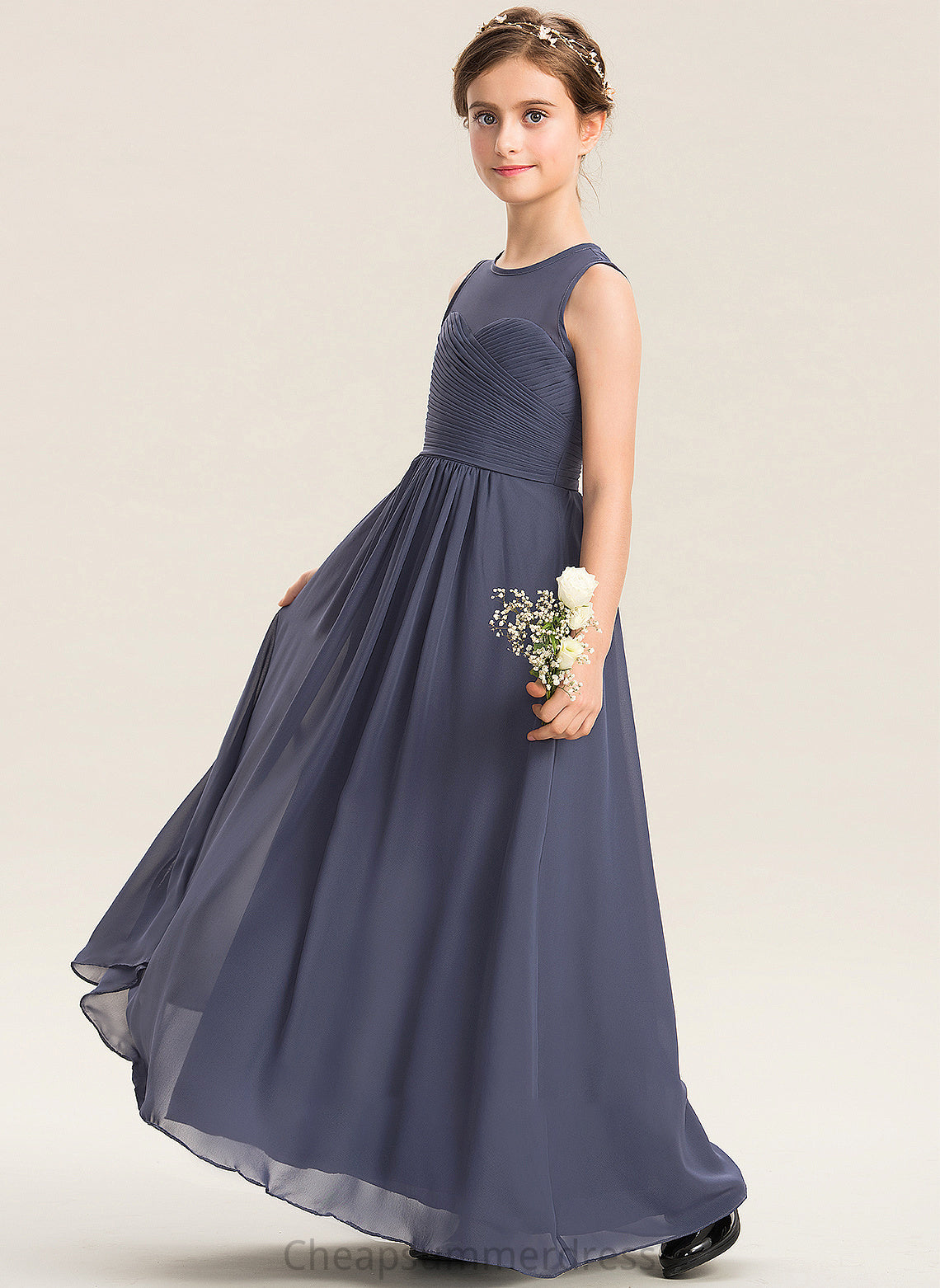 Scoop A-Line Junior Bridesmaid Dresses Floor-Length Neck Chiffon Ruffle Rory With