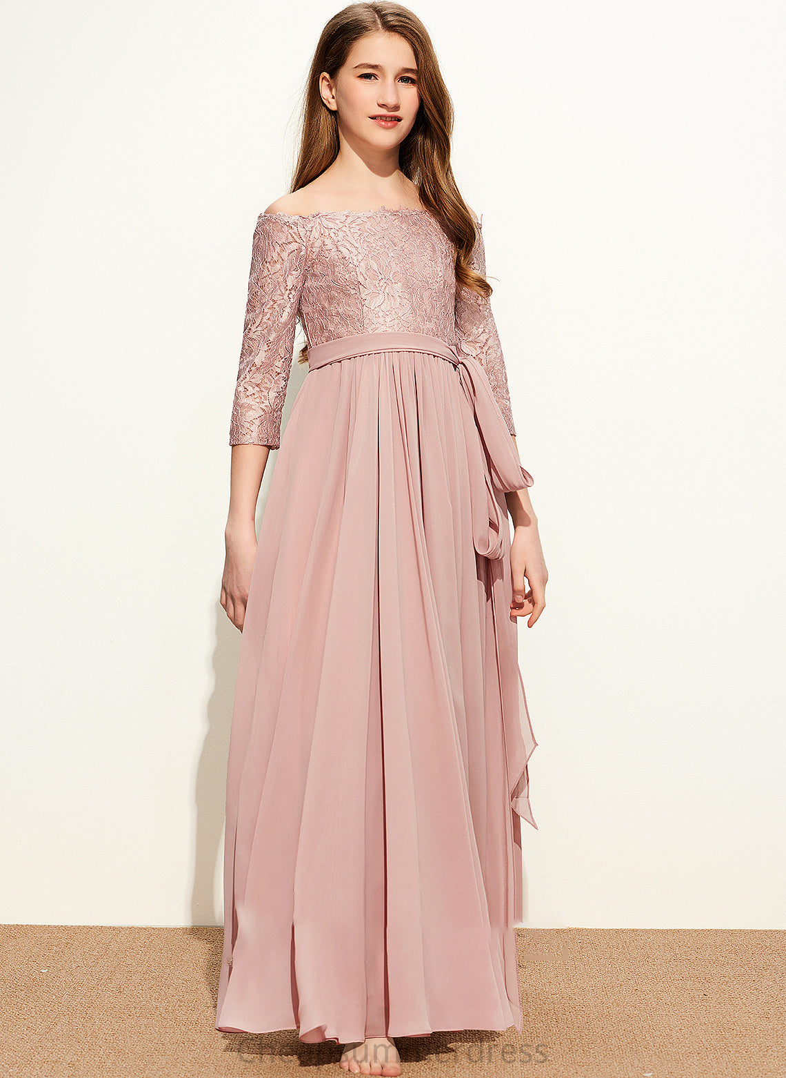With Junior Bridesmaid Dresses Chiffon Kenzie Floor-Length A-Line Bow(s) Off-the-Shoulder Lace