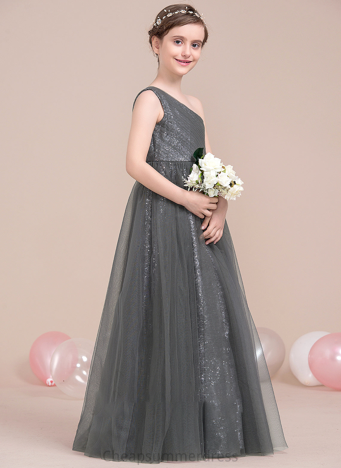 Floor-Length Ruffle Sequined With One-Shoulder Alma A-Line Junior Bridesmaid Dresses Tulle