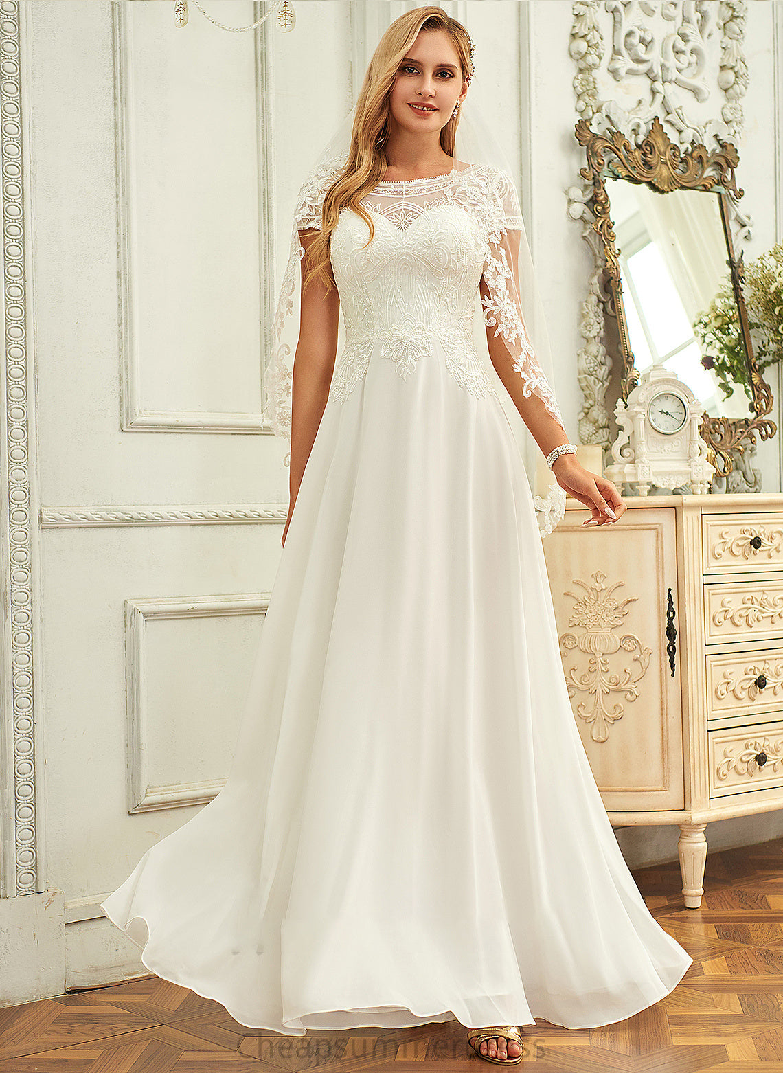 Lace Scoop Wedding Dresses Jessie A-Line Chiffon Floor-Length Sequins With Wedding Dress Neck