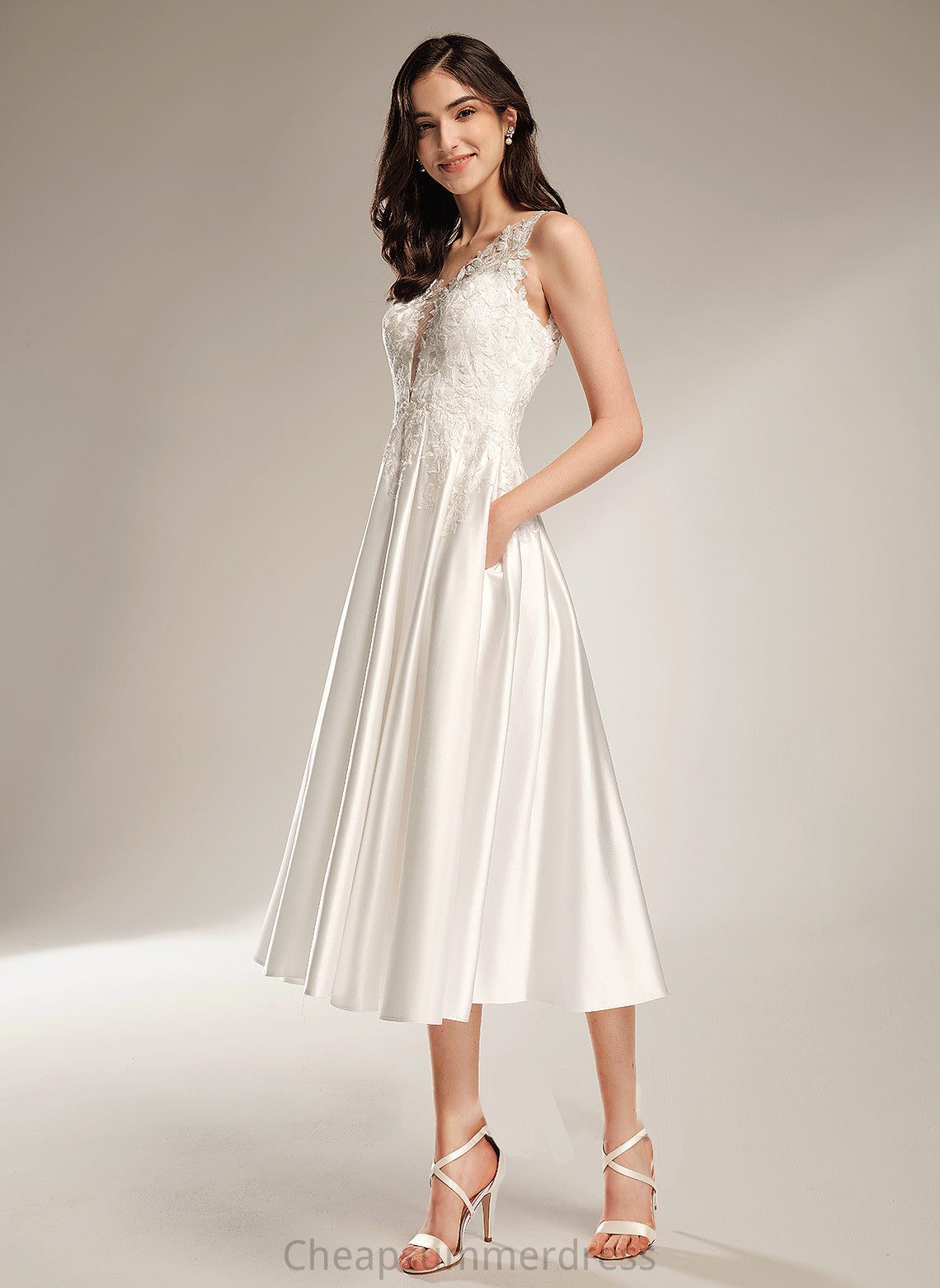 V-neck Pockets Wedding Dresses With Dress Tea-Length A-Line Sariah Wedding