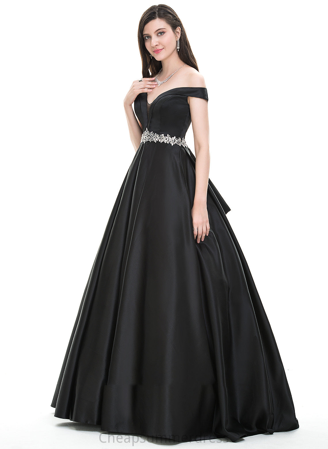 Satin With Prom Dresses Off-the-Shoulder Jaylin Ball-Gown/Princess Beading Floor-Length