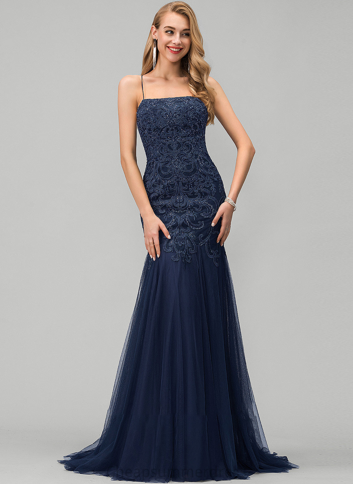 Neckline Prom Dresses Sequins Square Lace With Train Tulle Trumpet/Mermaid Delilah Sweep
