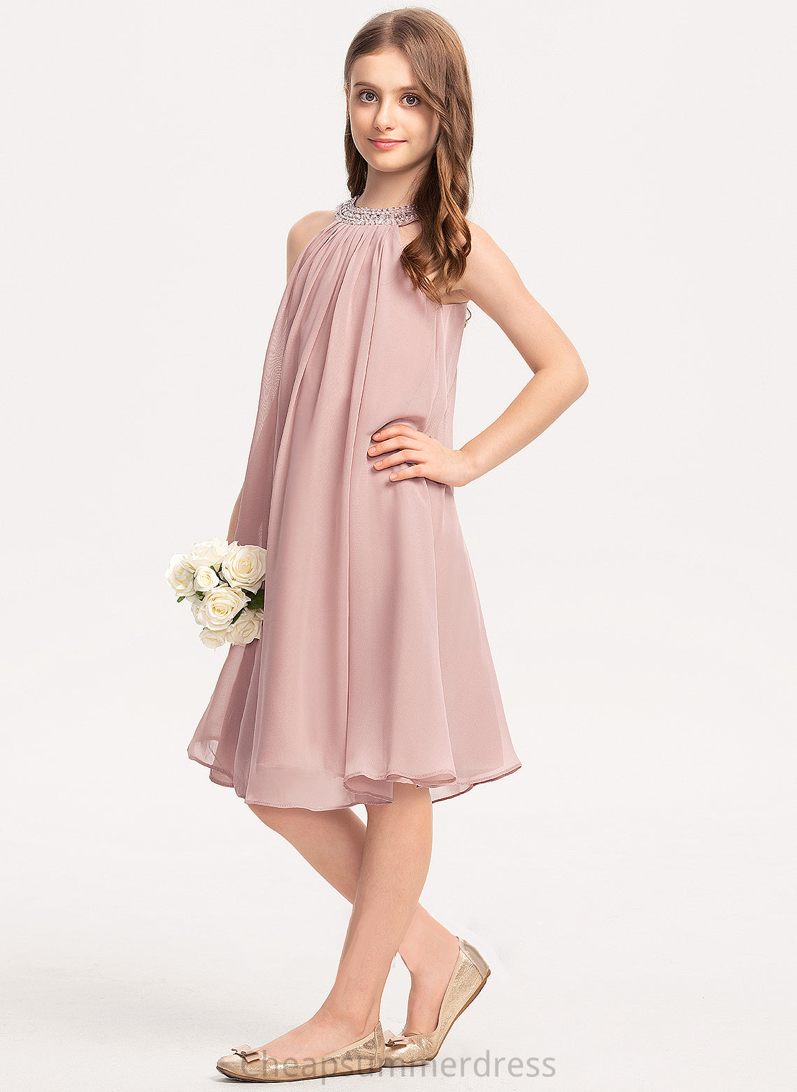 Neck Beading With Junior Bridesmaid Dresses Annabel Sequins A-Line Knee-Length Scoop Chiffon