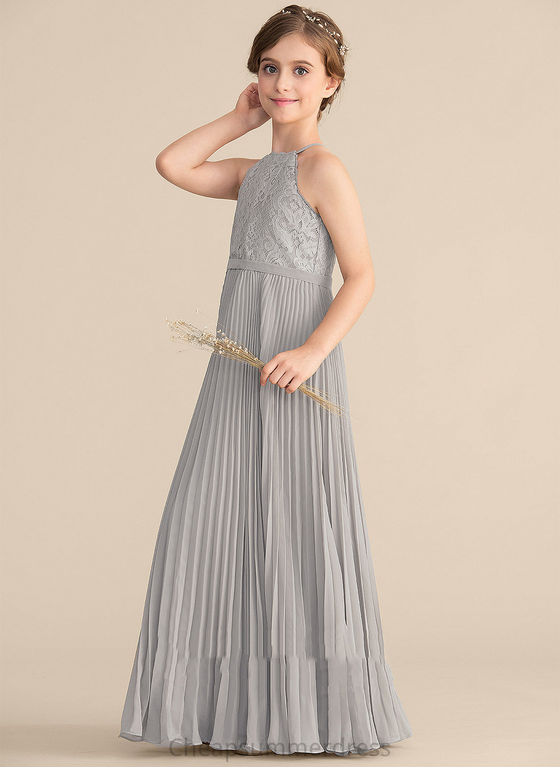 Pleated Lace With A-Line Junior Bridesmaid Dresses Chiffon Neck Anya Scoop Floor-Length