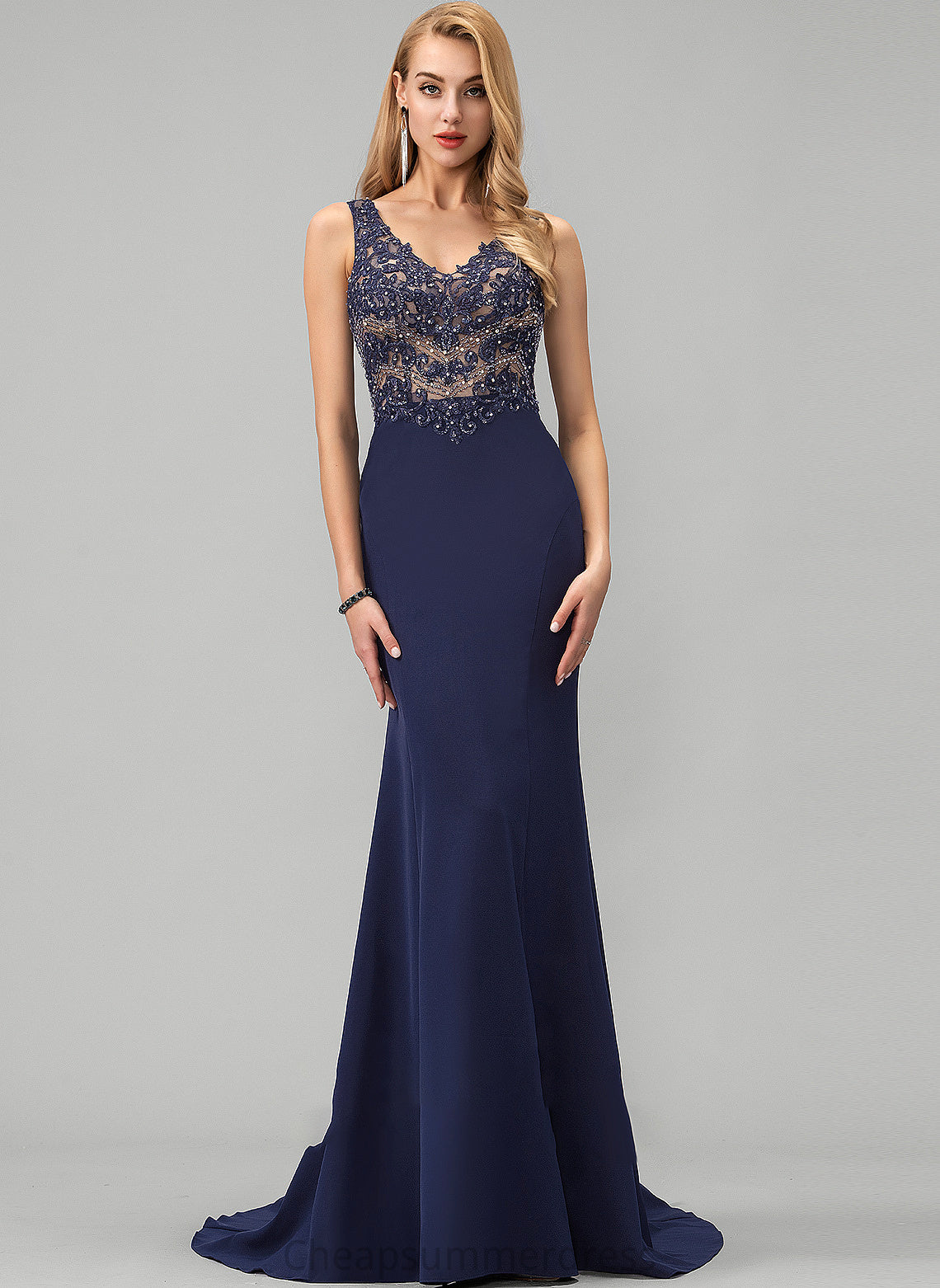 Trumpet/Mermaid Beading Prom Dresses Sequins V-neck Hailee Crepe Sweep With Train Stretch