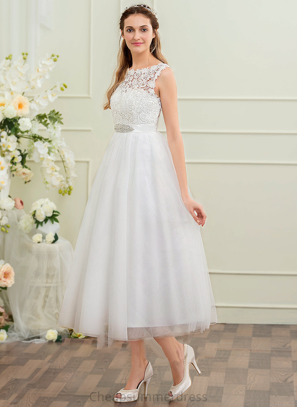 Zoey Wedding Dresses Tea-Length Sequins Wedding Scoop Neck Dress Tulle With Ball-Gown/Princess Beading