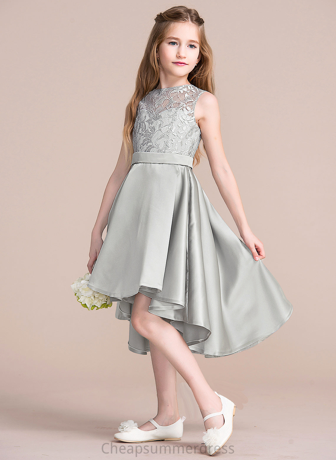 A-Line Asymmetrical Junior Bridesmaid Dresses Christine Scoop Satin Neck