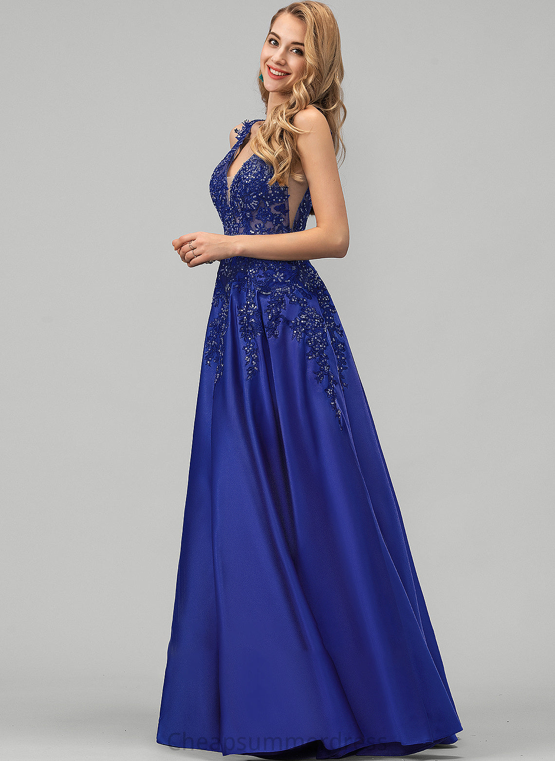 Sequins Satin Prom Dresses V-neck With A-Line Floor-Length Carlee Lace