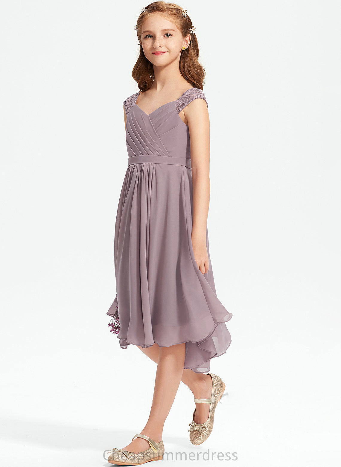 Junior Bridesmaid Dresses Knee-Length A-Line Lace V-neck Campbell Ruffle With Chiffon
