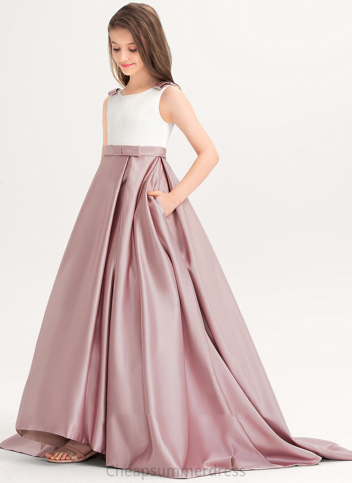 Scoop Pockets Neck Satin Ball-Gown/Princess With Sweep Junior Bridesmaid Dresses Mariyah Bow(s) Train