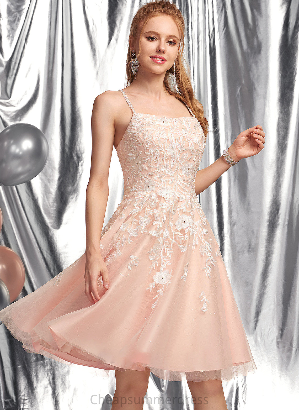 Ansley Neckline Sequins Tulle Beading Square A-Line Knee-Length With Prom Dresses