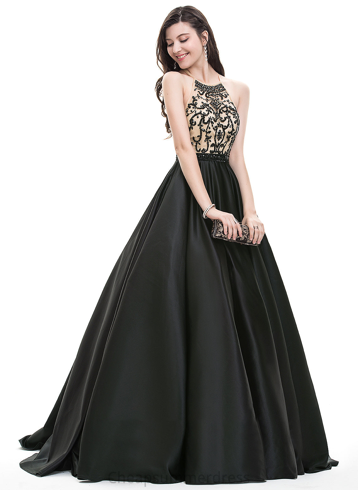 Neck Scoop With Train Beading Sequins Ball-Gown/Princess Prom Dresses Satin Ruby Sweep