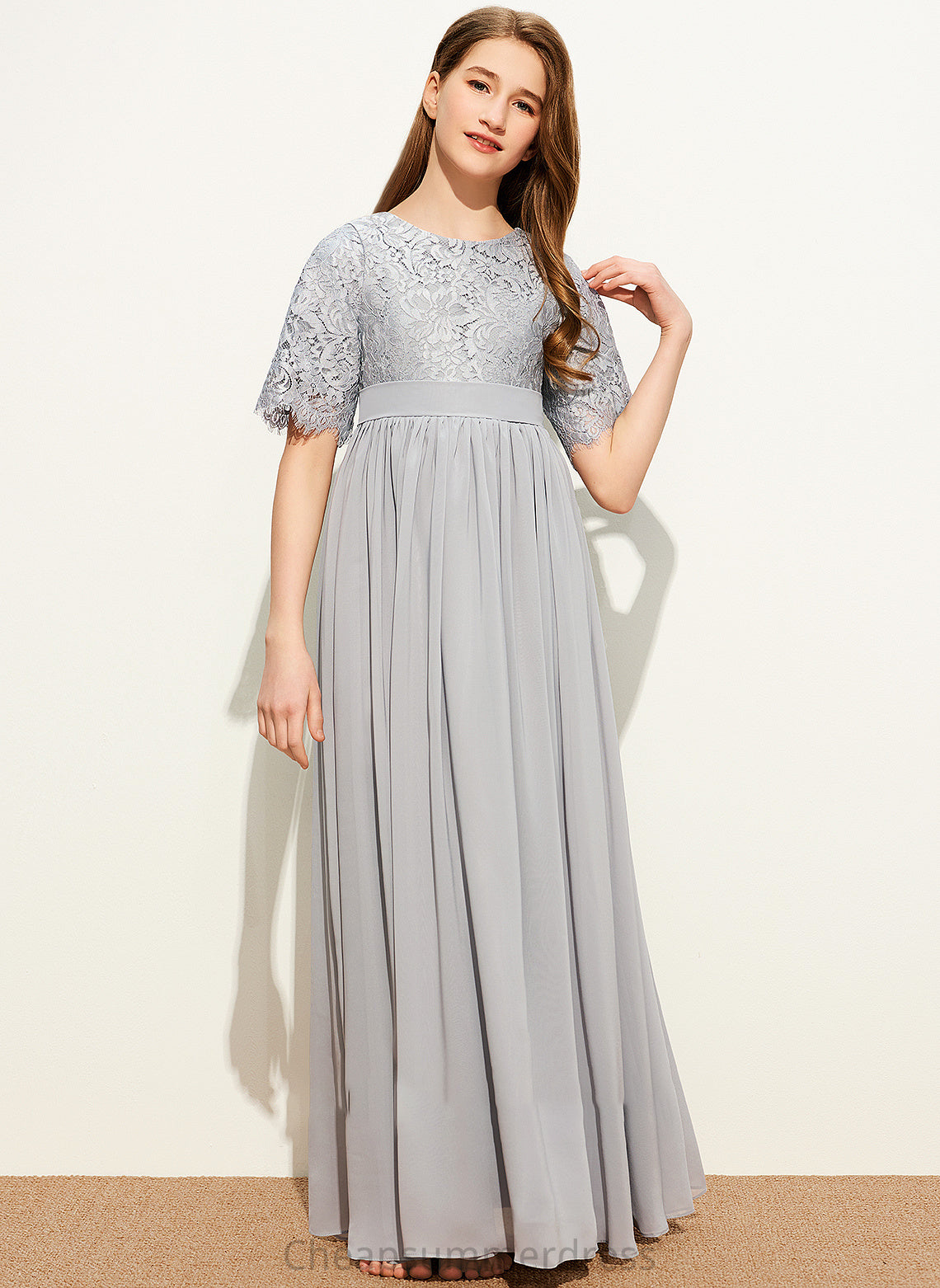 Mavis Junior Bridesmaid Dresses A-LineScoopNeckFloor-LengthChiffonLaceJuniorBridesmaidDress#253700