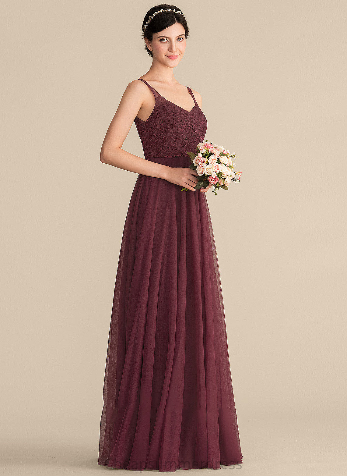Fabric A-Line Length V-neck Lace Silhouette Straps Neckline Floor-Length Tulle Meredith A-Line/Princess