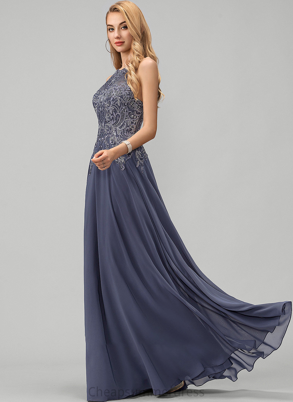 Prom Dresses With Sequins Eva Chiffon A-Line Neck Floor-Length Scoop Lace