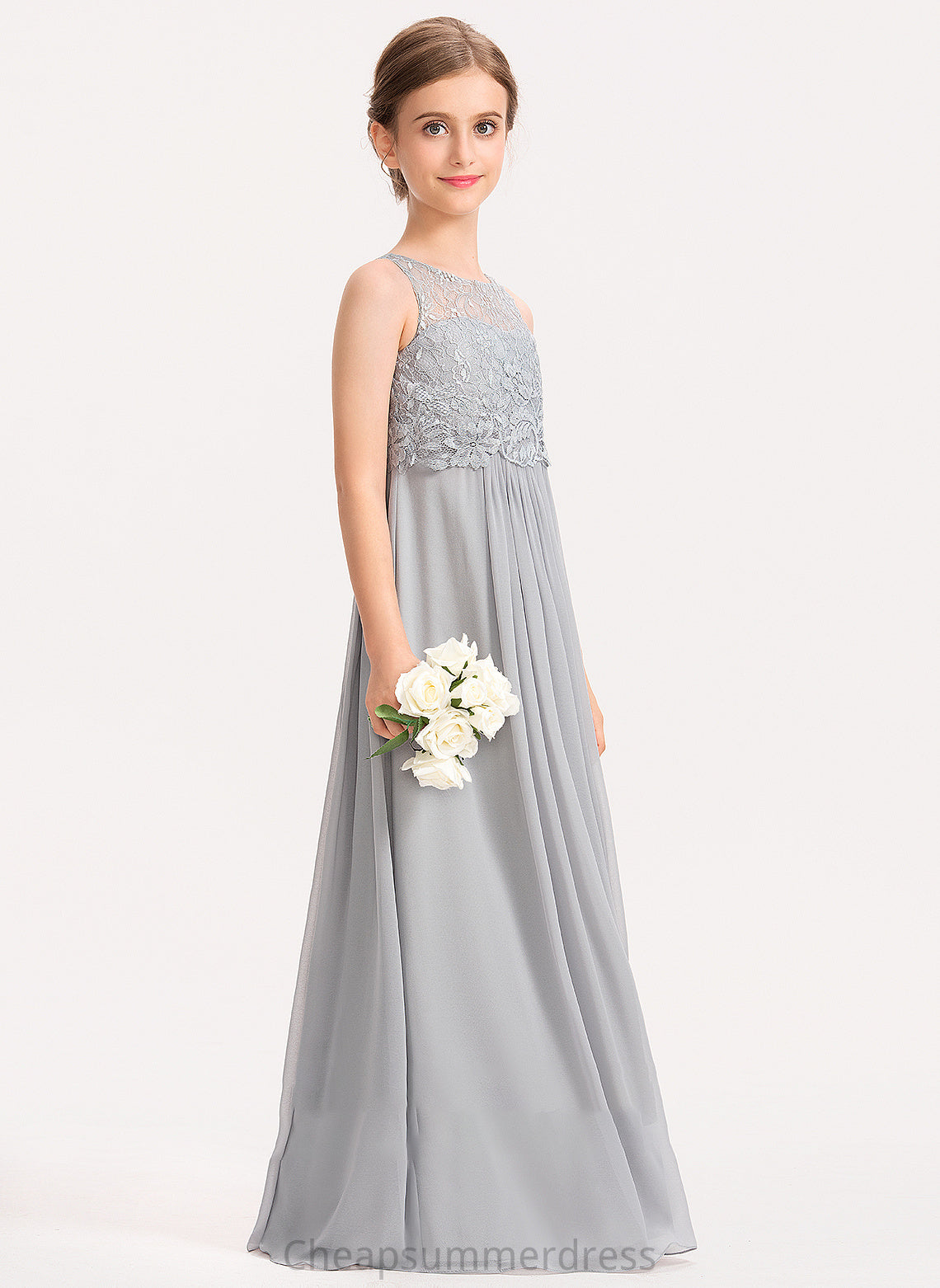 Lace Scoop Neck Edith A-Line Chiffon Floor-Length Junior Bridesmaid Dresses