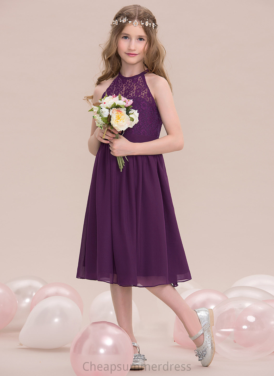 Junior Bridesmaid Dresses Scoop Daisy A-Line Neck Chiffon Knee-Length