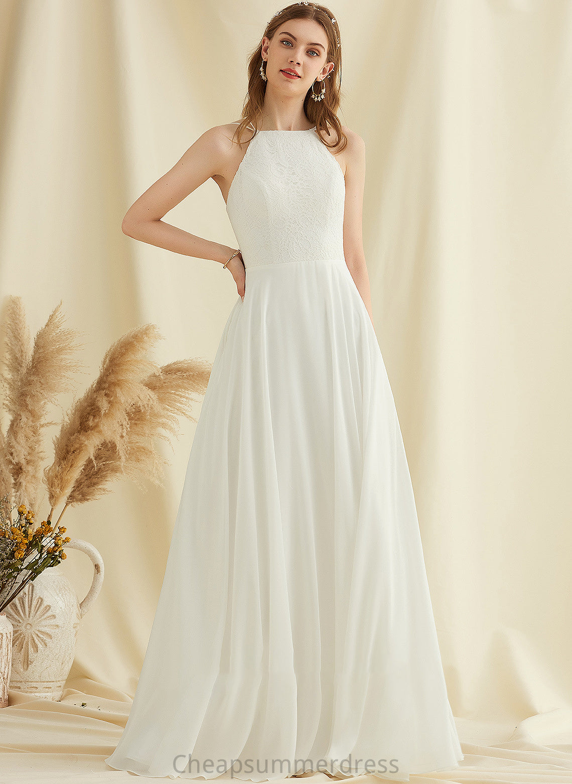 Scoop Wedding A-Line With Wedding Dresses Pockets Lace Floor-Length Simone Neck Dress Chiffon