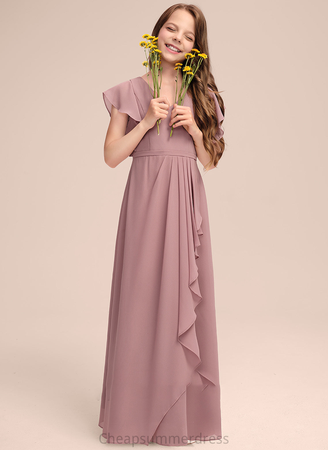 V-neck A-Line Junior Bridesmaid Dresses Cascading Ruffles With Floor-Length Autumn Chiffon
