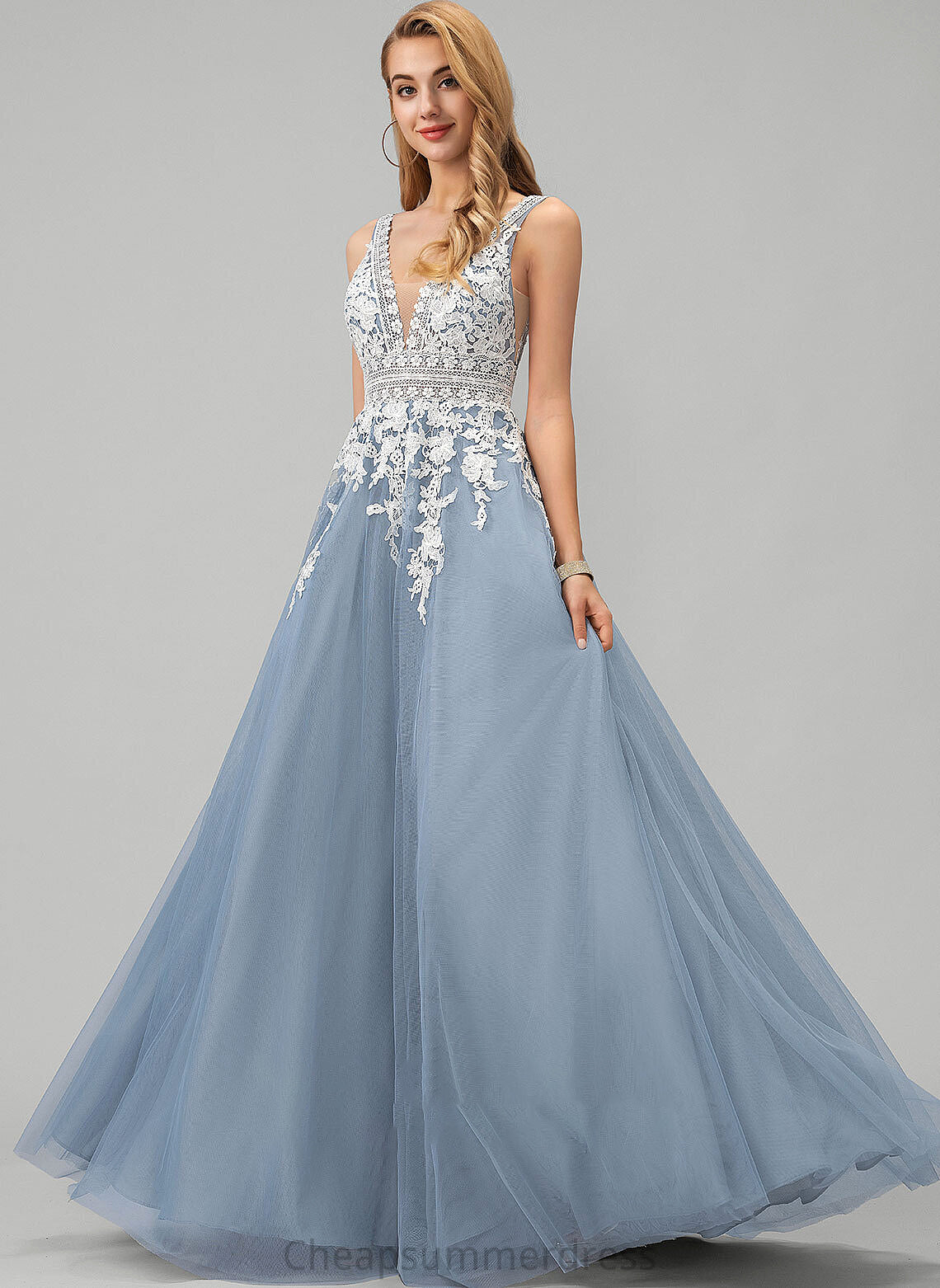 Lace Katrina Tulle Floor-Length With Ball-Gown/Princess Prom Dresses V-neck