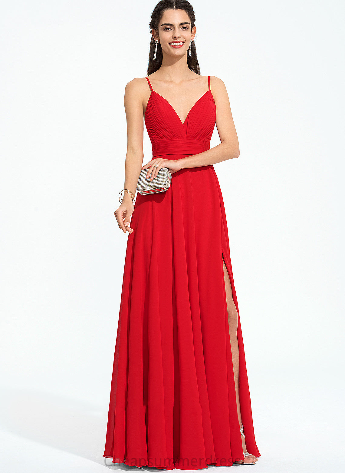 Chiffon V-neck Prom Dresses Floor-Length Front A-Line Split With Karla Ruffle