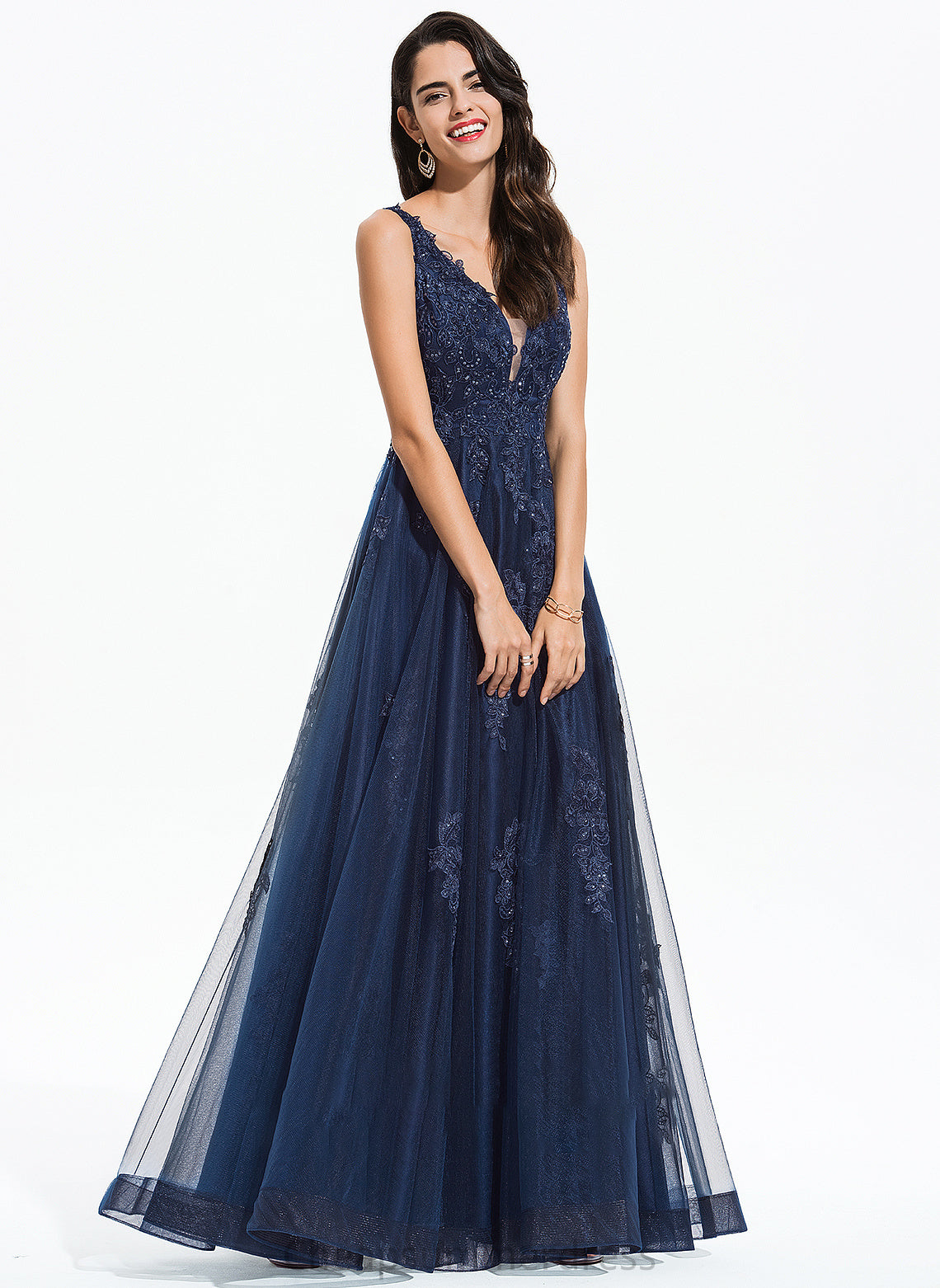 V-neck Tulle Lace Prom Dresses Sequins Yaretzi A-Line Floor-Length With