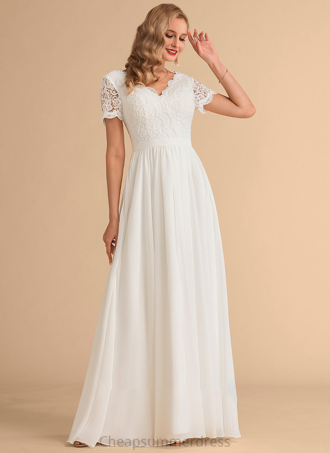 Alanna Wedding A-Line Floor-Length Wedding Dresses Chiffon Lace Dress V-neck