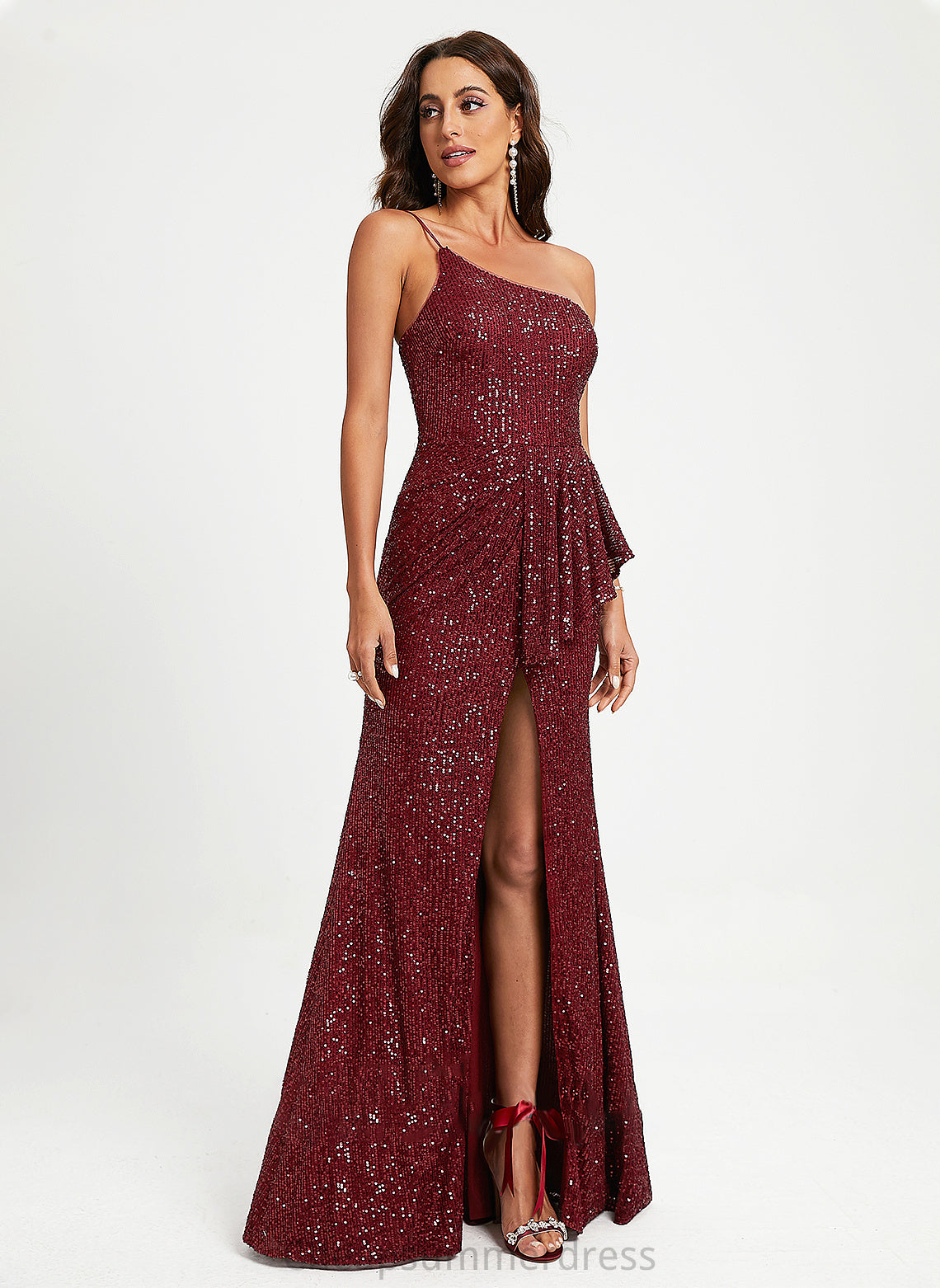 Prom Dresses Sequined Sequins Novia Floor-Length Sheath/Column One-Shoulder With Ruffle