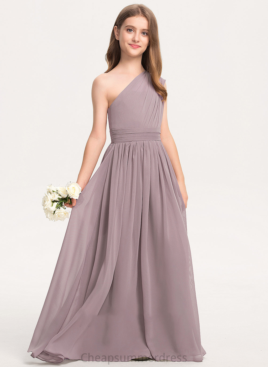Janiah A-Line Chiffon One-Shoulder Junior Bridesmaid Dresses Ruffle With Floor-Length