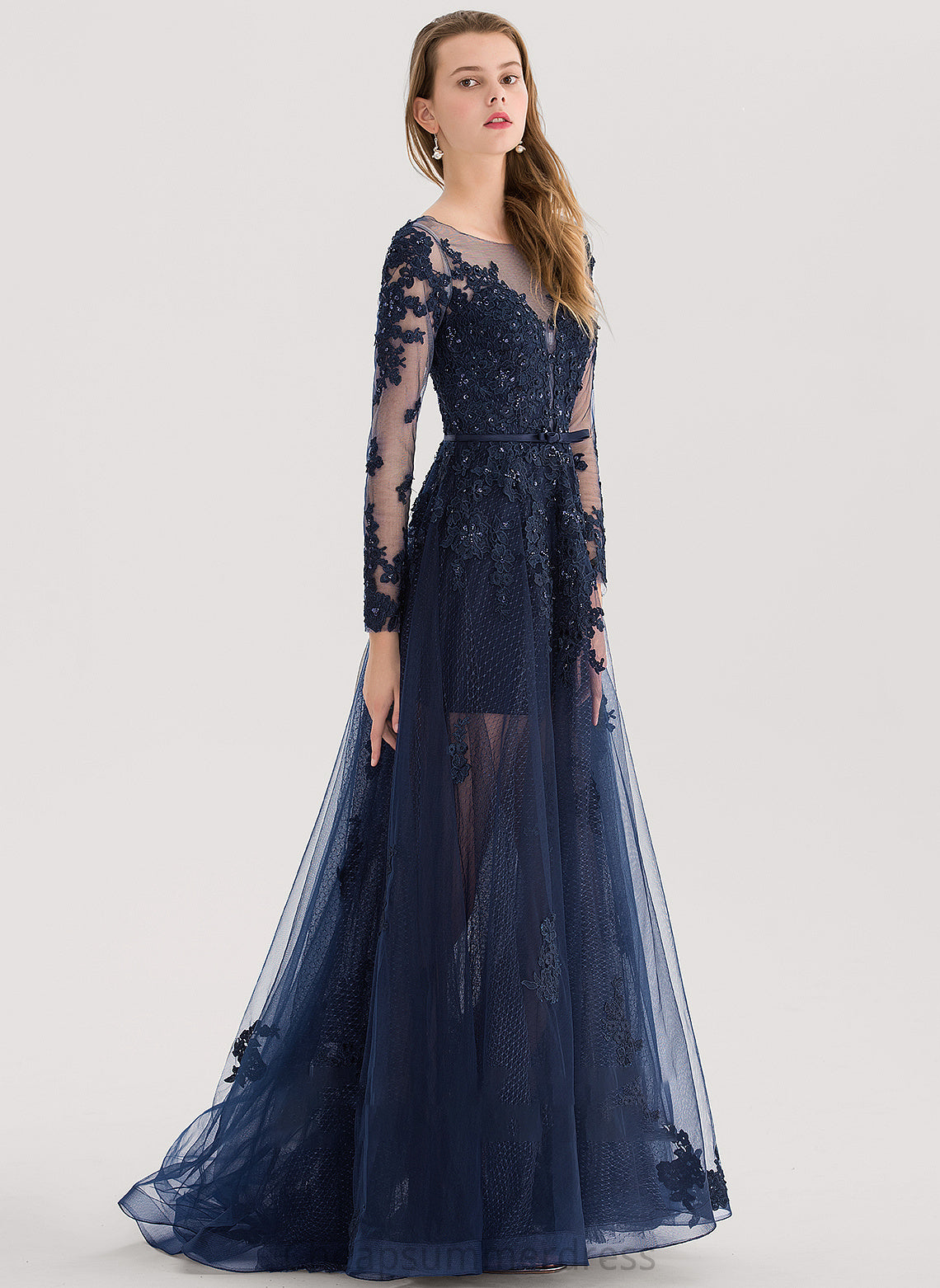 A-Line Alison Floor-Length Neck With Sequins Prom Dresses Tulle Beading Scoop