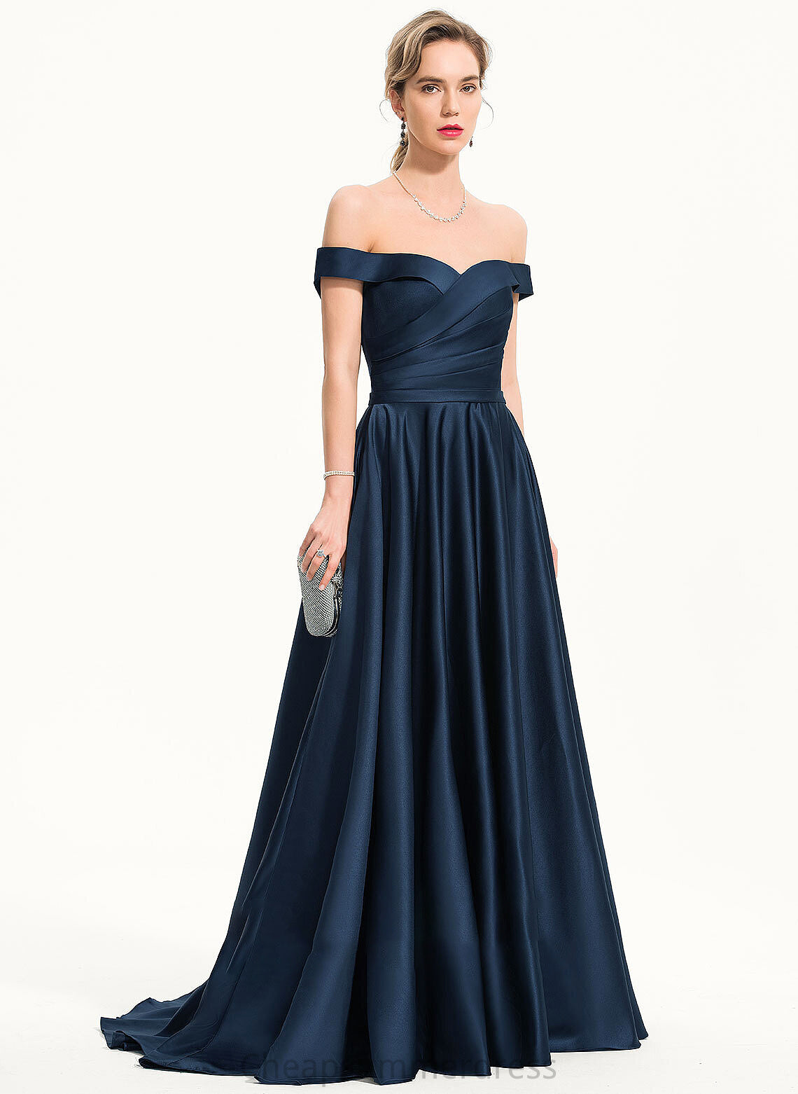 Off-the-Shoulder Satin With Sarahi Prom Dresses Train Pockets Sweep A-Line