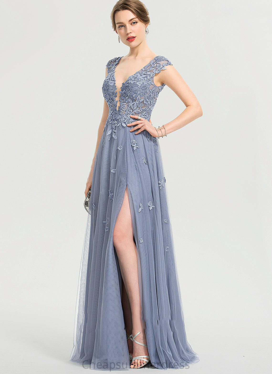 Prom Dresses V-neck Sequins Floor-Length Split Esther With A-Line Tulle Front