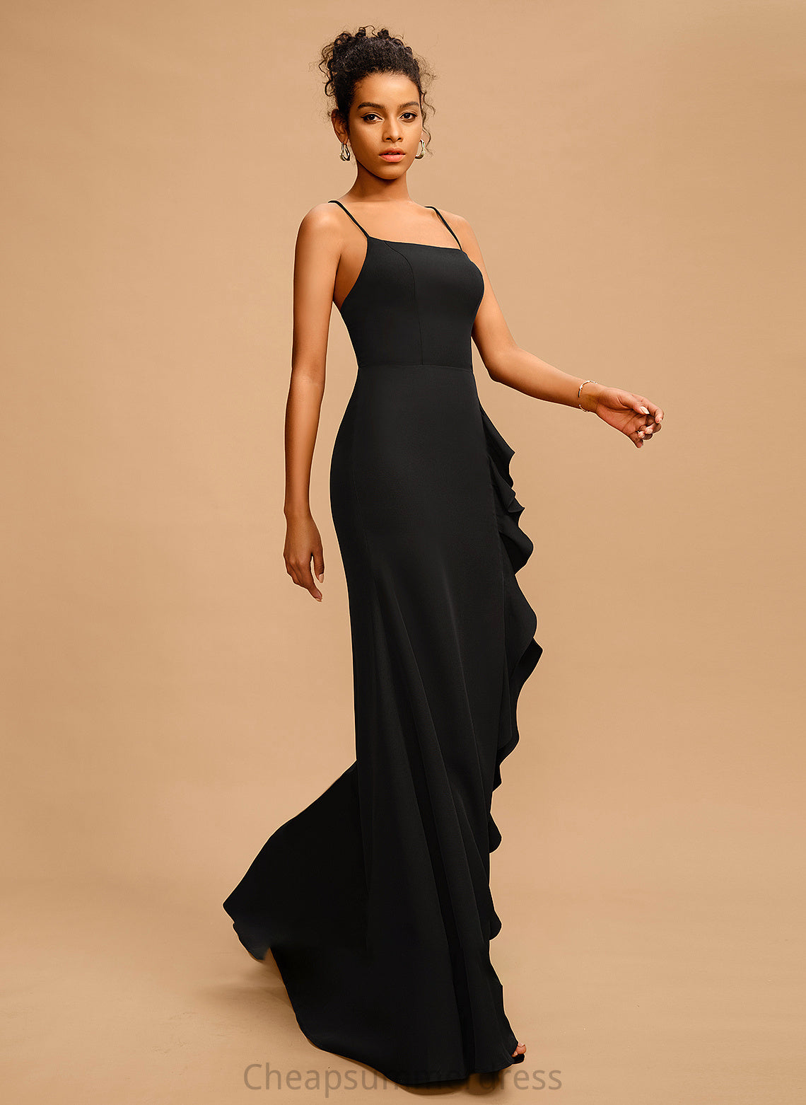 Prom Dresses Sheath/Column With Crepe Stretch Square Floor-Length Ruffle Neckline Meadow
