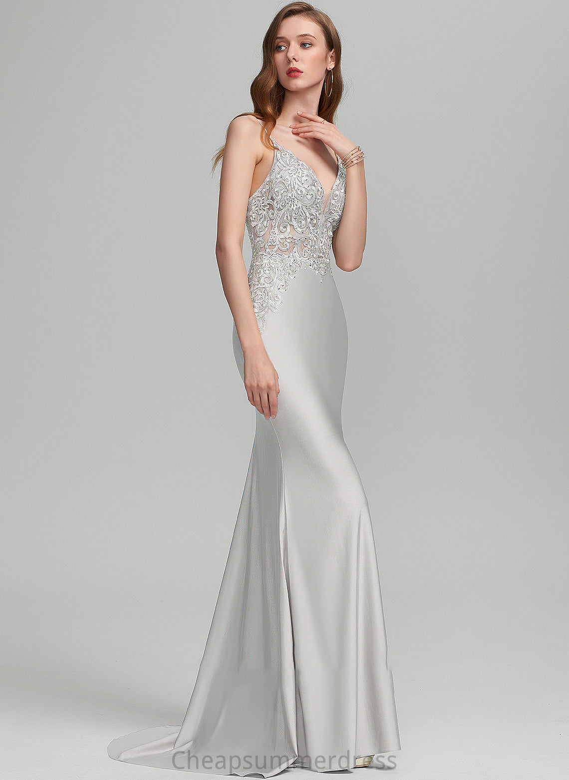 Sequins Jersey Alayna Prom Dresses With Trumpet/Mermaid Train V-neck Sweep