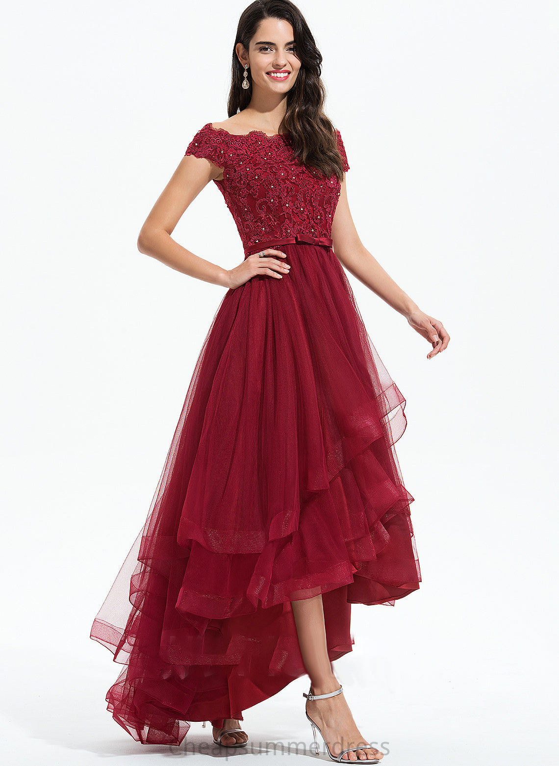 Embellishment Off-the-Shoulder Asymmetrical Beading Neckline Tulle Fabric Lace Sequins Sleeve Bow(s) Length