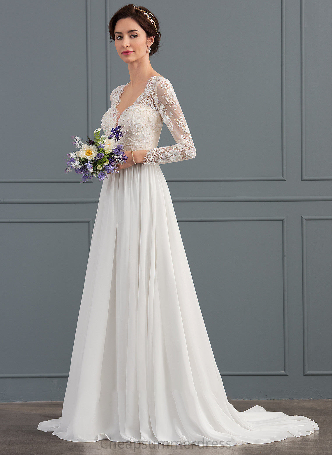 V-neck Diana Sequins Chiffon Sweep Wedding Dress Train A-Line Wedding Dresses With Beading