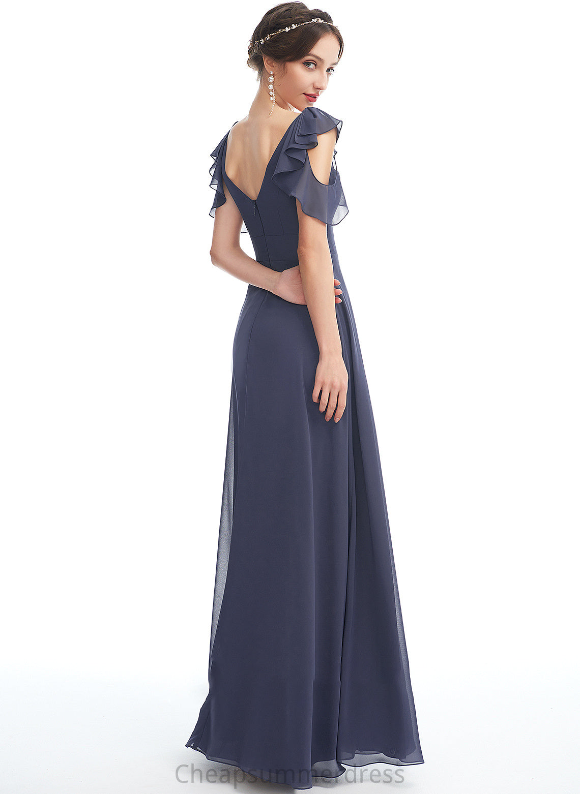 Floor-Length Ruffle Embellishment Length A-Line V-neck Silhouette Fabric Neckline Alyssa Sleeveless A-Line/Princess