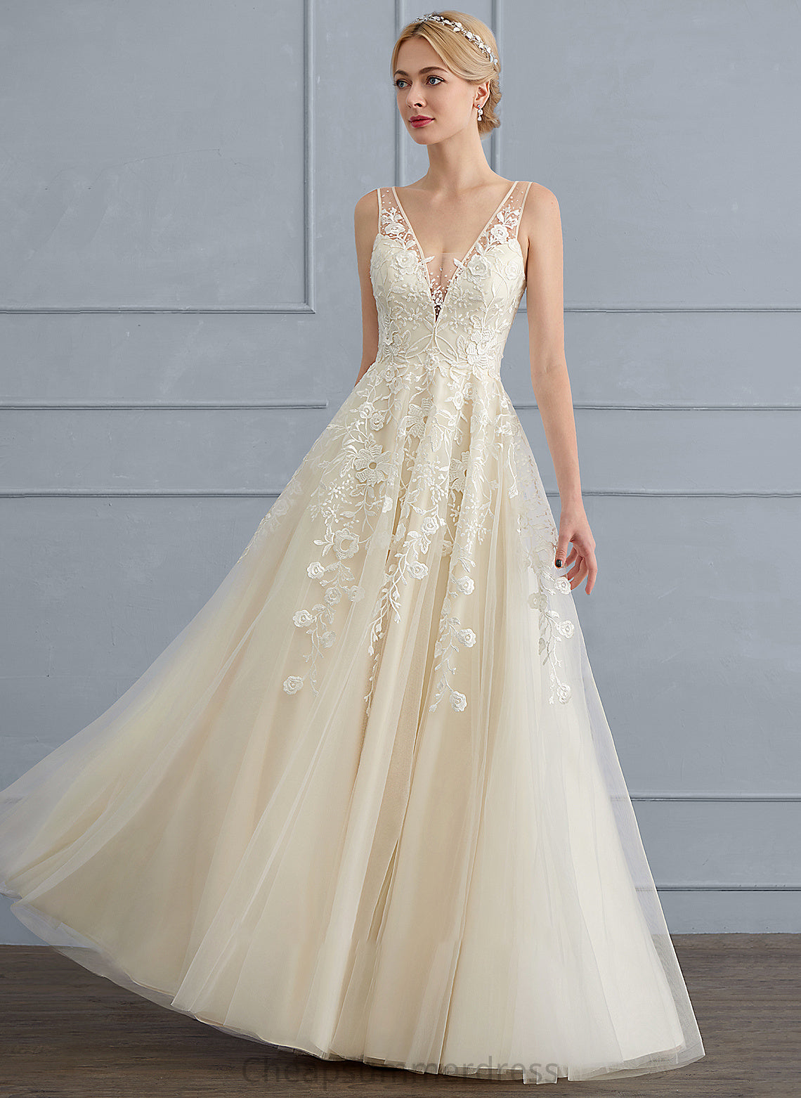 Wedding V-neck Beading A-Line Wedding Dresses Sequins Dress Floor-Length With Sylvia Tulle
