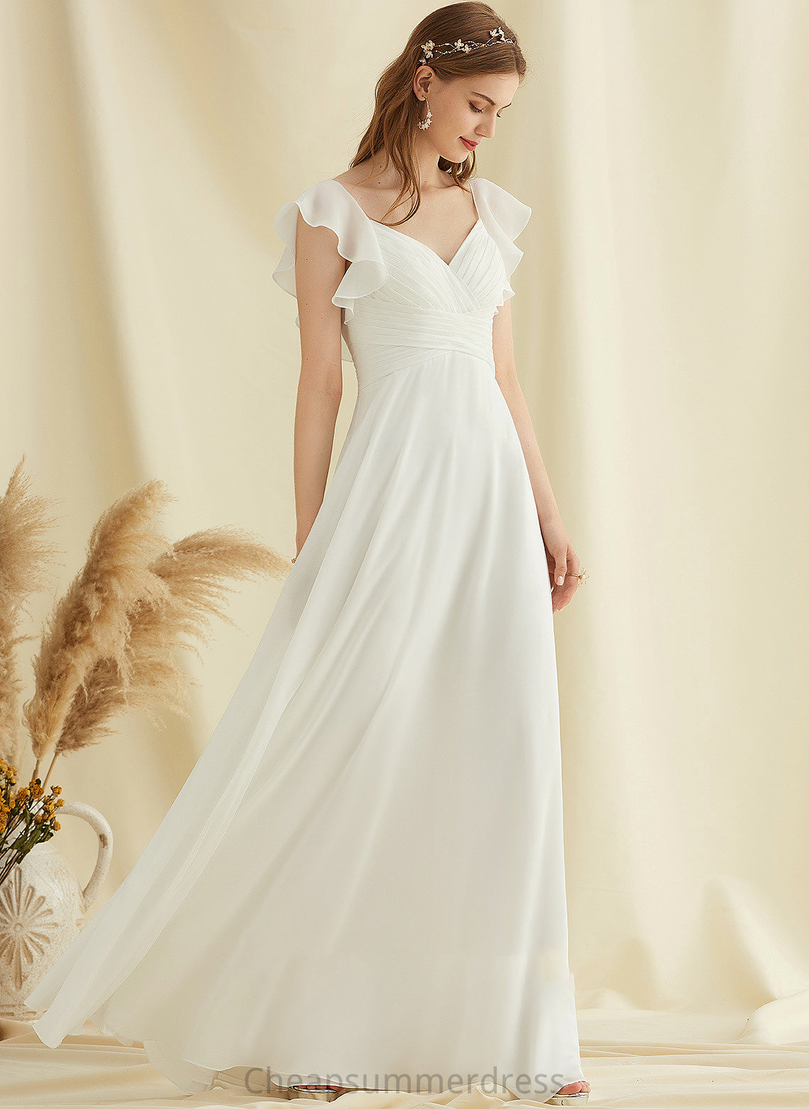 V-neck Floor-Length Dress With Ruffle A-Line Wedding Dresses Wedding Elyse Chiffon
