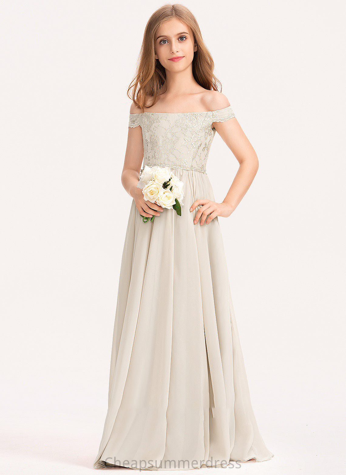 Chiffon Junior Bridesmaid Dresses Floor-Length Off-the-Shoulder A-Line Lace Alissa