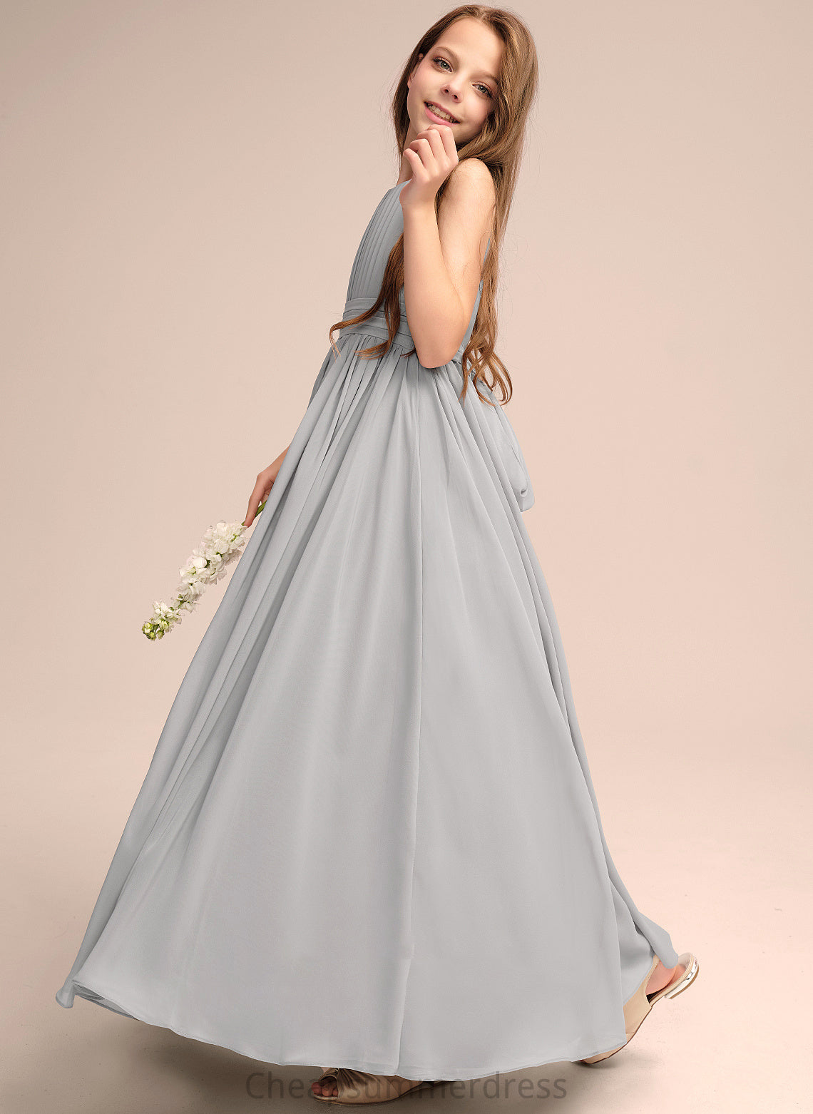 Junior Bridesmaid Dresses Lina Ruffle With Bow(s) Neck Chiffon Scoop Floor-Length A-Line